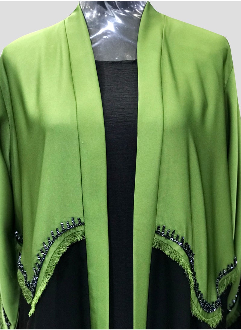 Generic - Green and Black Open Abaya with Handwork Lining - Image 1