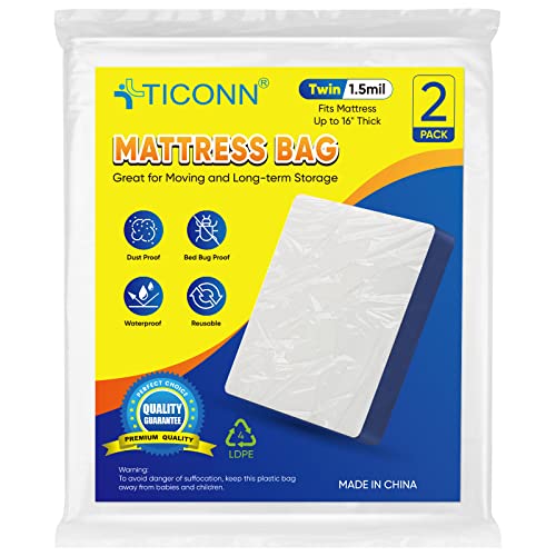 TICONN 2PK Plastic Mattress Bag for Moving Storage, Waterproof Mattress Protector Cover, Heavy-Duty Mattress Moving Supplies (1.5 mil, Twin) - Image 1