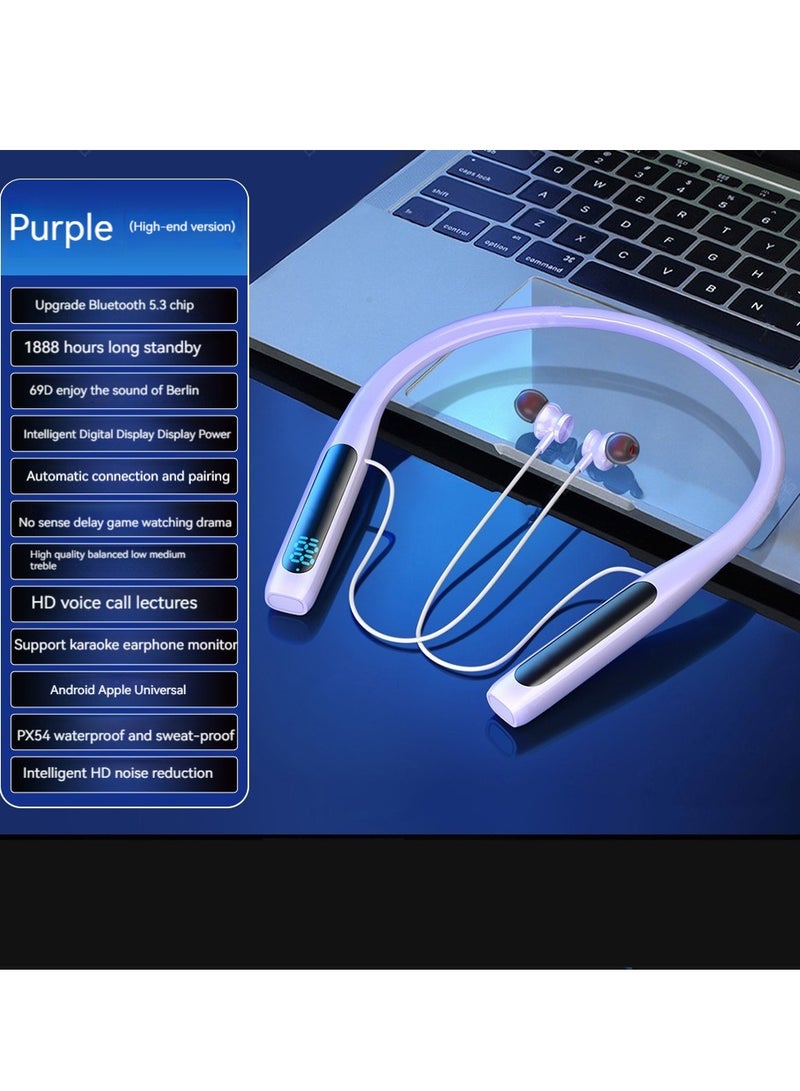 New large-capacity digital display neck-mounted wireless Bluetooth headset, noise reduction and no delay sports headset with ear-return karaoke function (purple)  - Image 1