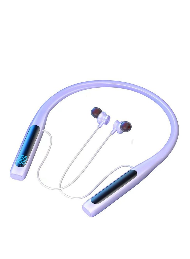 New large-capacity digital display neck-mounted wireless Bluetooth headset, noise reduction and no delay sports headset with ear-return karaoke function (purple)  - Image 5