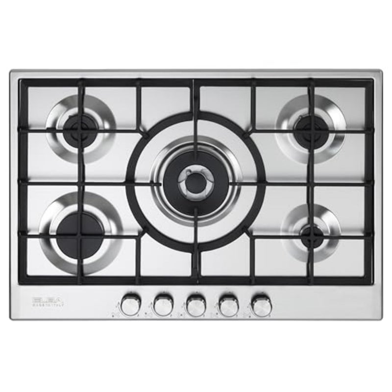 75cm stainless steel cooktop for kitchen use, silver color, 5-zone gas burners with triple ring central wok burner, knob control, electronic ignition and safety devices, Italian technology - Image 1