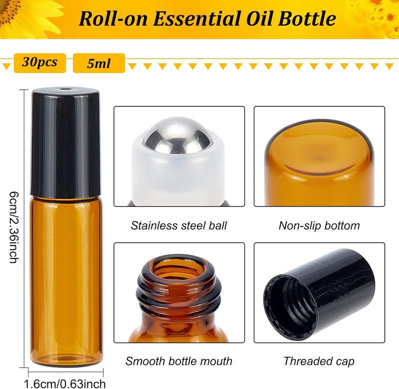 BENECREAT 30 Pack 5ml Amber Glass Bottles Essential Oils Roller Bottles with Stainless Steel Balls for Essential Oils/Other Liquids - Image 2