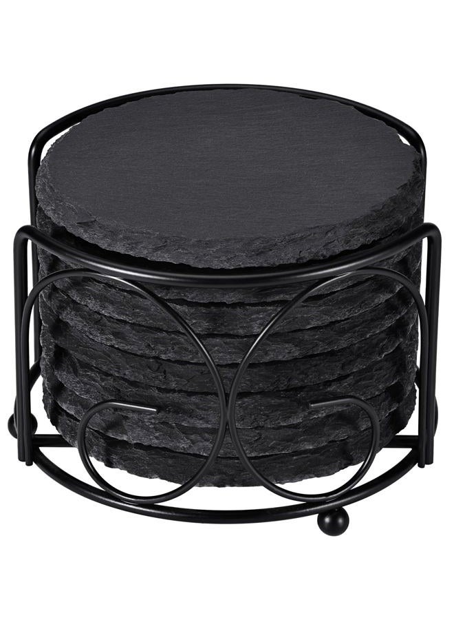 GOH DODD Slate Drink Coasters with Metal Holder, 4 Inch 8 Pieces Black Stone Coasters Bulk Cup Coaster Set for Bar Kitchen Home Apartment, Round - Image 1