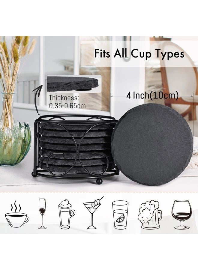 GOH DODD Slate Drink Coasters with Metal Holder, 4 Inch 8 Pieces Black Stone Coasters Bulk Cup Coaster Set for Bar Kitchen Home Apartment, Round - Image 3