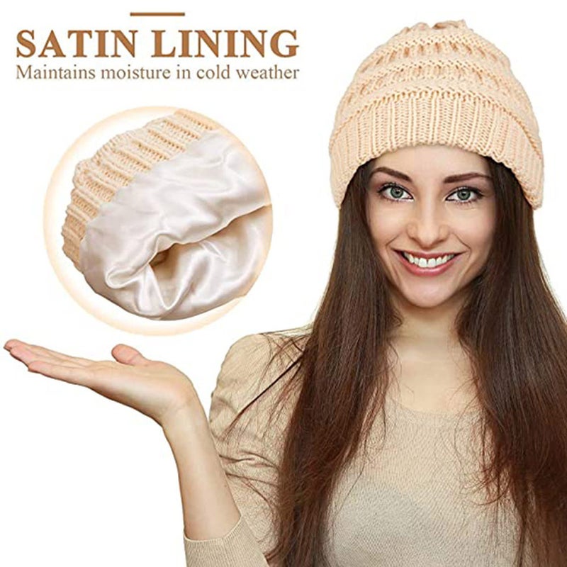 Beanie European American Warm Windproof Ear Protection Stretch Satin Lined Knit Hat - Image 3