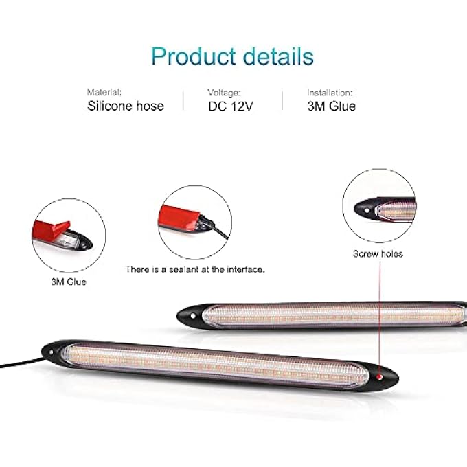 شريط مصابيح LED نهارية للسيارة DRL مقاومة للماء 12 فولت مصباح أمامي تلقائي متسلسل إشارة انعطاف ضوء نهاري أصفر تدفق عالمي قطعتين 155 سم أبيض وأصفر - Image 3