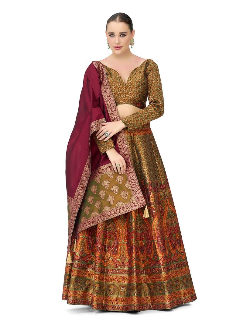 PURVAJA Women's Kanjiwaram Semi-Stitched Lehenga choli (Zahira-Olive_Free Size) - Image 1