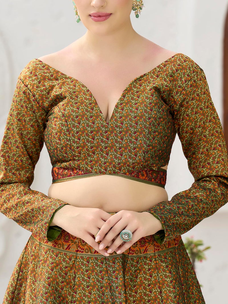 PURVAJA Women's Kanjiwaram Semi-Stitched Lehenga choli (Zahira-Olive_Free Size) - Image 5