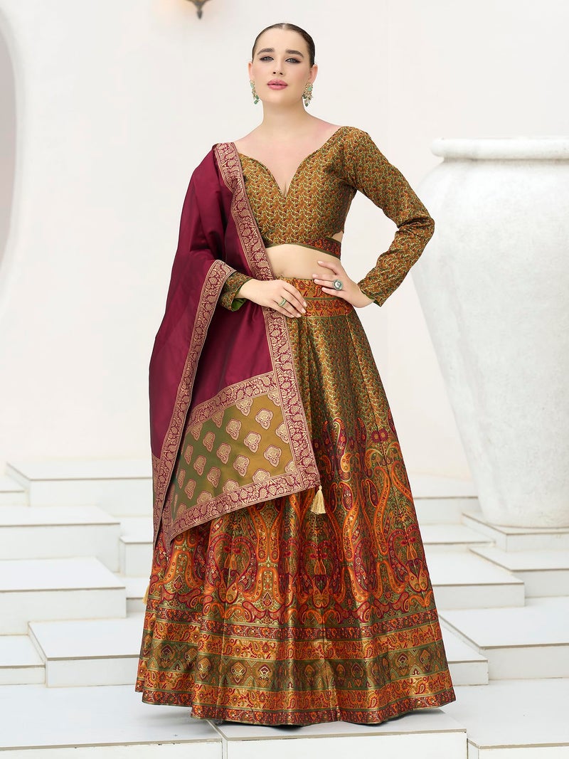 PURVAJA Women's Kanjiwaram Semi-Stitched Lehenga choli (Zahira-Olive_Free Size) - Image 4