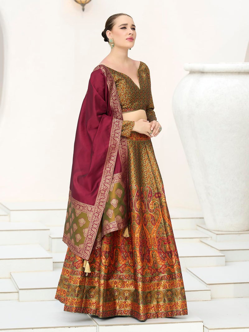 PURVAJA Women's Kanjiwaram Semi-Stitched Lehenga choli (Zahira-Olive_Free Size) - Image 2