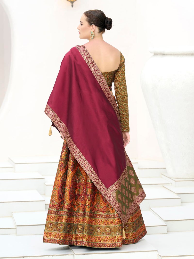 PURVAJA Women's Kanjiwaram Semi-Stitched Lehenga choli (Zahira-Olive_Free Size) - Image 3