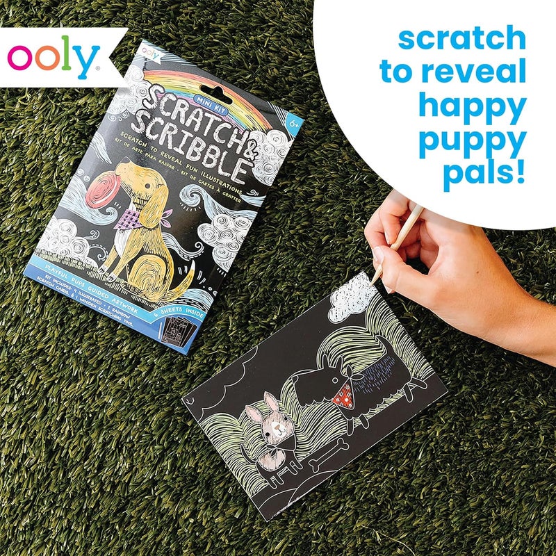 Ooly Mini Scratch & Scribble Art Kit - 6 Card Rainbow Scratch Art Set Gifts for Kids, Travel-Friendly Craft Kit, Scratching Tool Included - Playful Pups - Image 2