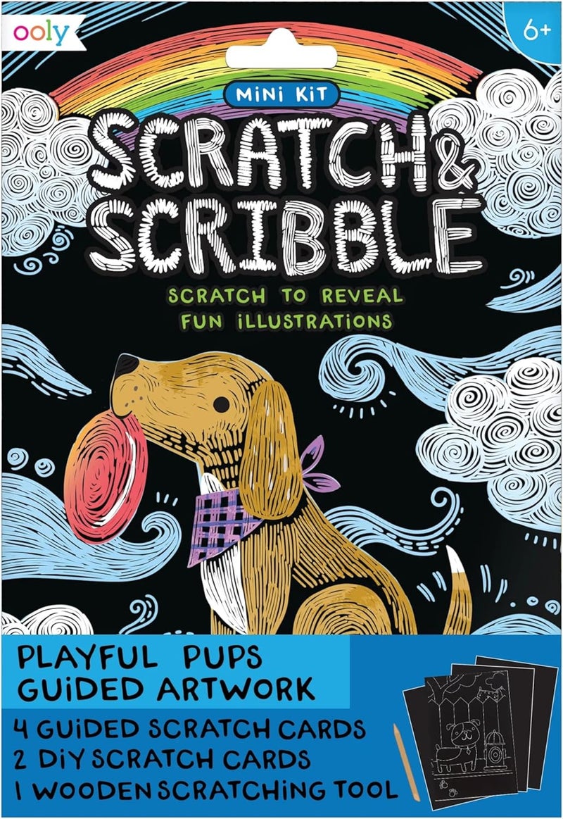 Ooly Mini Scratch & Scribble Art Kit - 6 Card Rainbow Scratch Art Set Gifts for Kids, Travel-Friendly Craft Kit, Scratching Tool Included - Playful Pups - Image 1