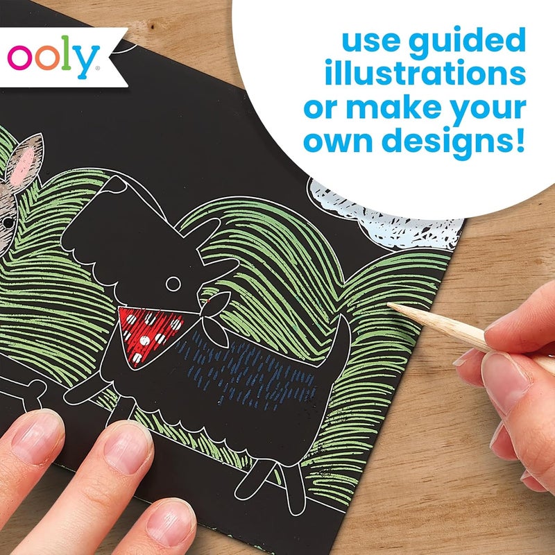 Ooly Mini Scratch & Scribble Art Kit - 6 Card Rainbow Scratch Art Set Gifts for Kids, Travel-Friendly Craft Kit, Scratching Tool Included - Playful Pups - Image 4