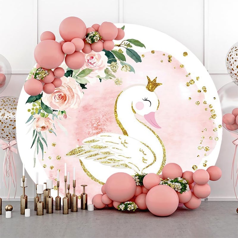Renaiss Renaiss 7x7ft Swan Round Backdrop Cover for Photoshoot Girl Woman Portrait Gold Glittering Dots Pink Rose Circle Photography Background Baby Shower Bday Mothers Day Party Decors Photo Booth Props  - Image 2