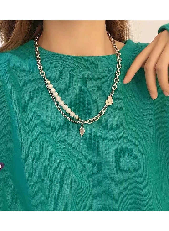 Goolsky Unique Luxury Double-Layer Heart & Pearl Necklace – Indie Hip-Hop Mid-Length Collarbone Chain, Trendy Influencer Jewelry, Streetwear - Image 2