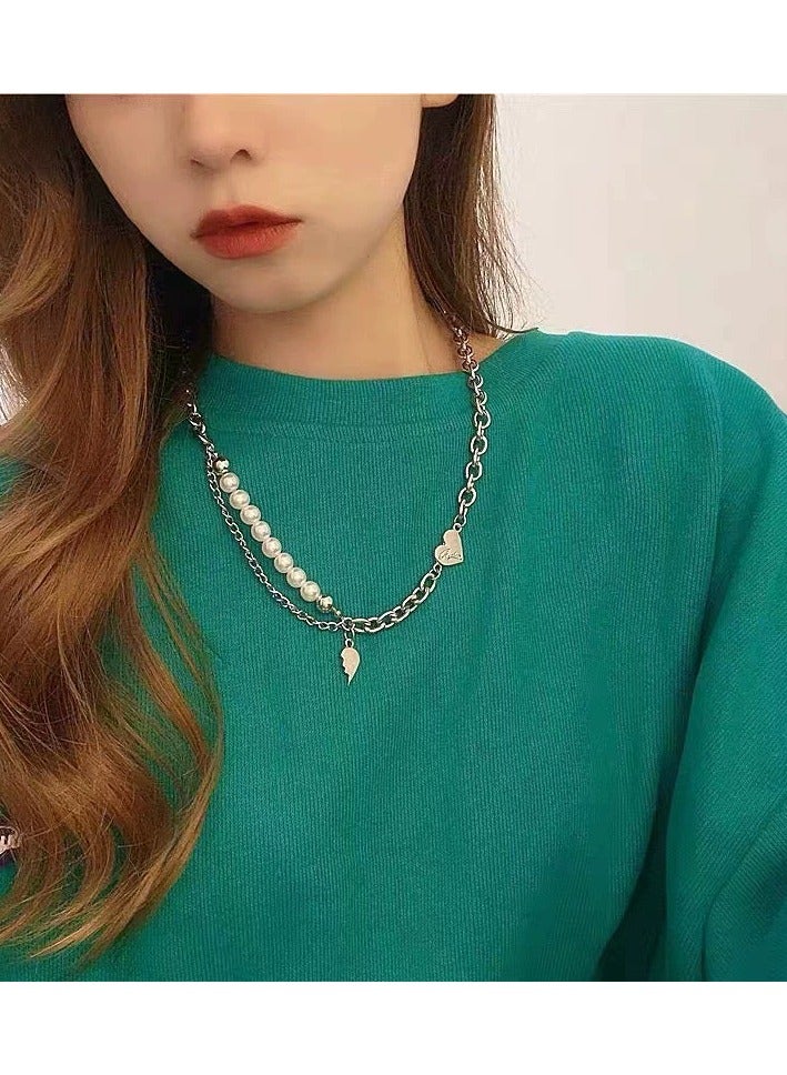 Goolsky Unique Luxury Double-Layer Heart & Pearl Necklace – Indie Hip-Hop Mid-Length Collarbone Chain, Trendy Influencer Jewelry, Streetwear - Image 3
