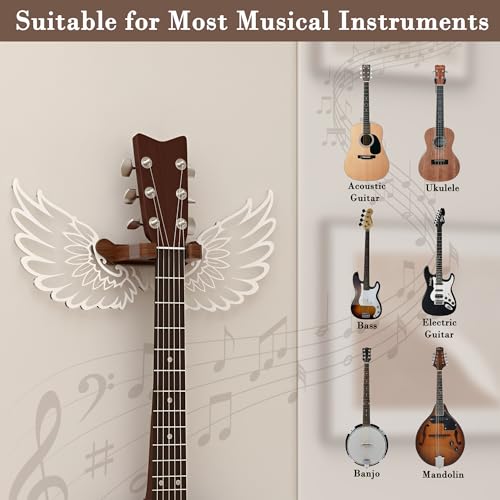 CoolGift Mart Guitar Stand Wall Mount with Luminous Angel Wings, Acrylic Wooden Guitar Hanger Shelf with USB Powered, for Acoustic Electric Bass Ukulele, Gift for Music Lovers Men Guitar Players - Image 3