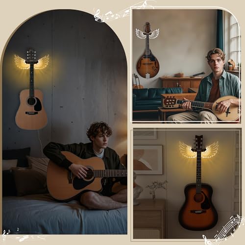 CoolGift Mart Guitar Stand Wall Mount with Luminous Angel Wings, Acrylic Wooden Guitar Hanger Shelf with USB Powered, for Acoustic Electric Bass Ukulele, Gift for Music Lovers Men Guitar Players - Image 4