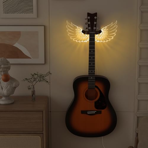 CoolGift Mart Guitar Stand Wall Mount with Luminous Angel Wings, Acrylic Wooden Guitar Hanger Shelf with USB Powered, for Acoustic Electric Bass Ukulele, Gift for Music Lovers Men Guitar Players - Image 2