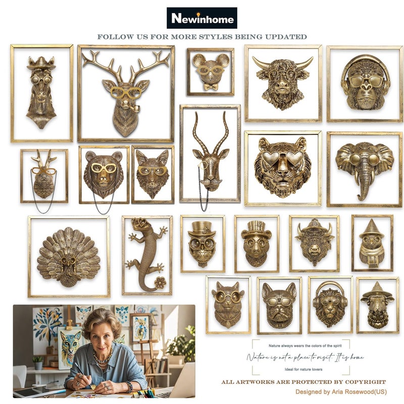 Newinhome Animal Heads Wall Decoration Resin Animals Sculptures Head Wall Hanging Decor Gold vintage Wall Sculpture for Living Room Bedroom Office(Lion) - Image 5