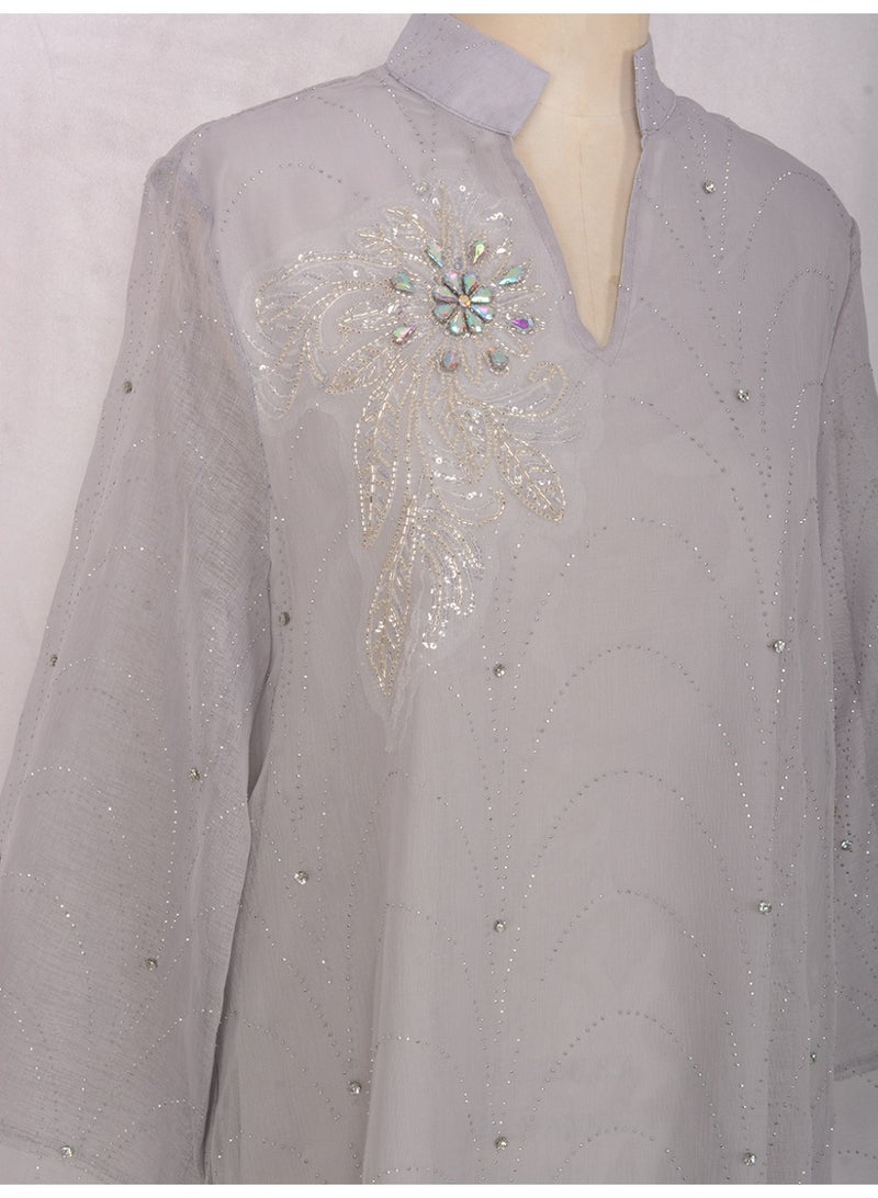 Kaiyuede Abaya Eid Wedding Light Gray Rhinestone Shimmer Floral Embroidery Mesh Sleeve Mandarin Collar V-Neck Opaque Lined S-XL - Image 2