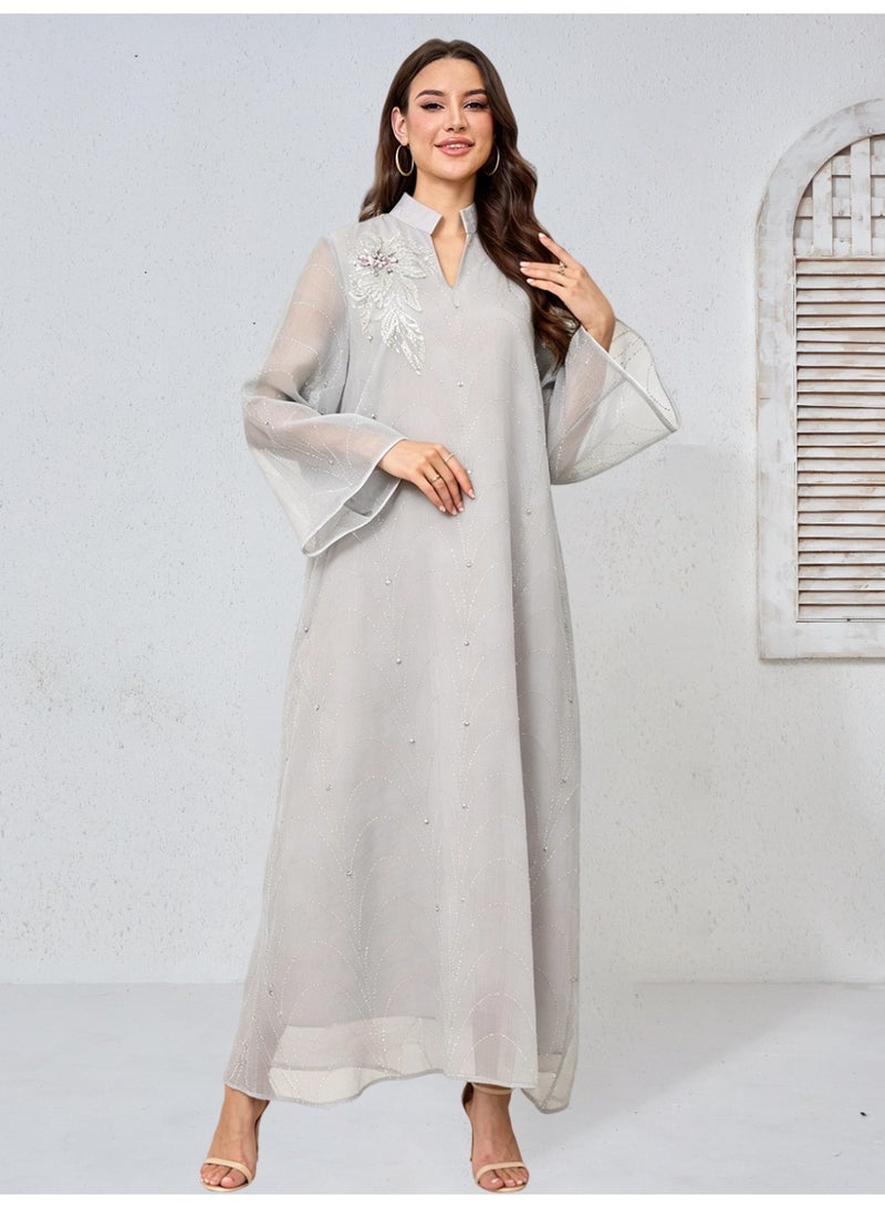 Kaiyuede Abaya Eid Wedding Light Gray Rhinestone Shimmer Floral Embroidery Mesh Sleeve Mandarin Collar V-Neck Opaque Lined S-XL - Image 1