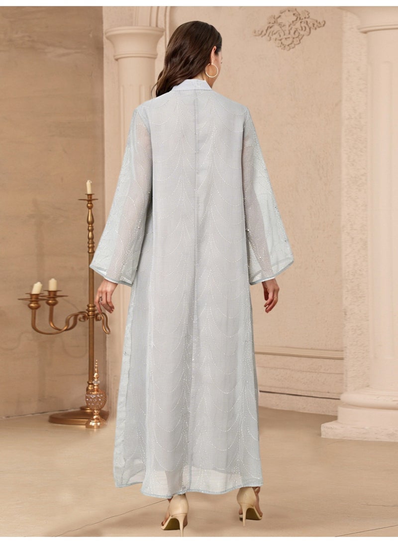 Kaiyuede Abaya Eid Wedding Light Gray Rhinestone Shimmer Floral Embroidery Mesh Sleeve Mandarin Collar V-Neck Opaque Lined S-XL - Image 3