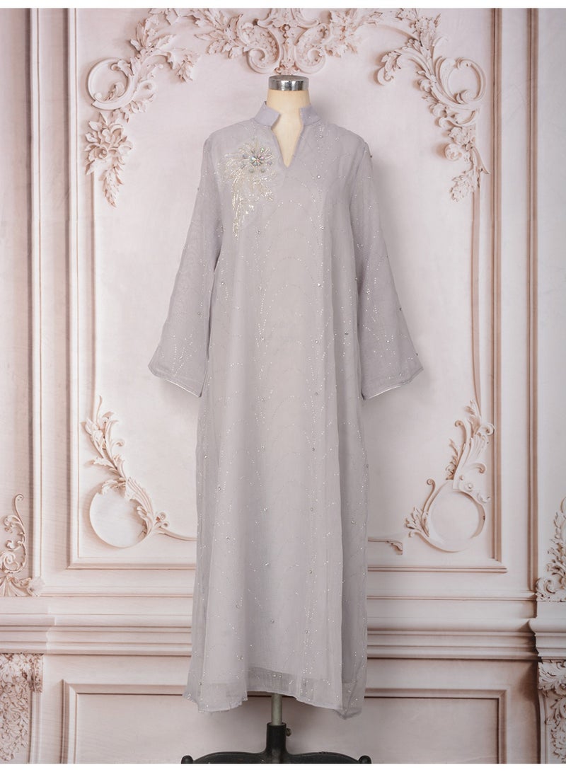 Kaiyuede Abaya Eid Wedding Light Gray Rhinestone Shimmer Floral Embroidery Mesh Sleeve Mandarin Collar V-Neck Opaque Lined S-XL - Image 5