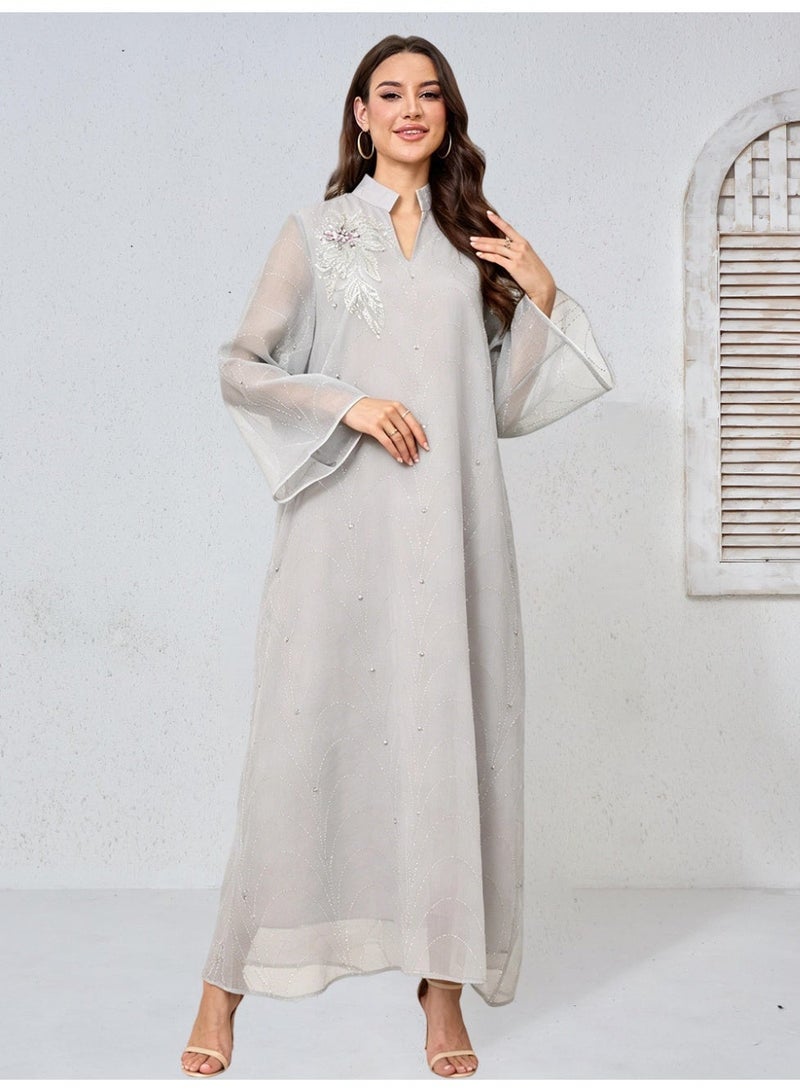 Kaiyuede Women's Light Gray Jalabiya Rhinestone Shimmer Floral - Image 1