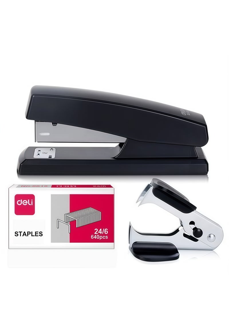 Deli Desk Stapler Set Includes Stapler, Staple Remover, Belt 640 Pieces Standard 24/6 Staples 1-25 Page Capacity Small Manual Stapler Suitable for Office School Students Three-in-One Set Black - Image 1
