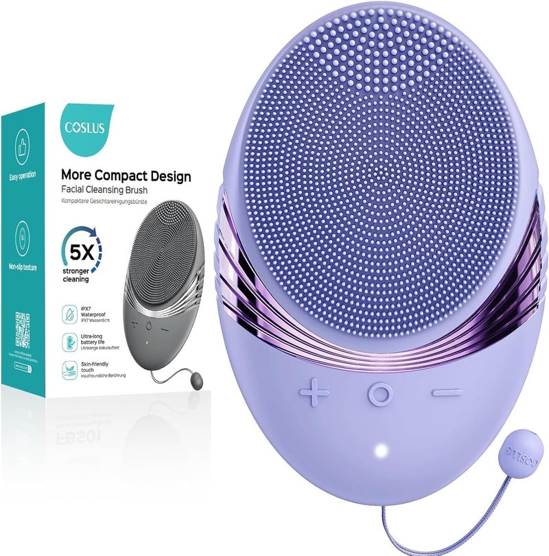 COSLUS Face Scrubber Facial Cleansing Brush 5 Modes Rechargeable IPX7 Waterproof for Sensitive Skin Deep Cleaning Removing Blackhead Exfoliating Massaging Home Care Business Travel Purple