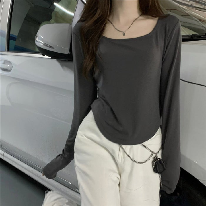Long-Sleeved T-Shirt Women's Autumn and Winter New Trbottomy Ins Asymmetrical Slim Student Casual Short Top Girl's Bottoming Shirt - Image 1