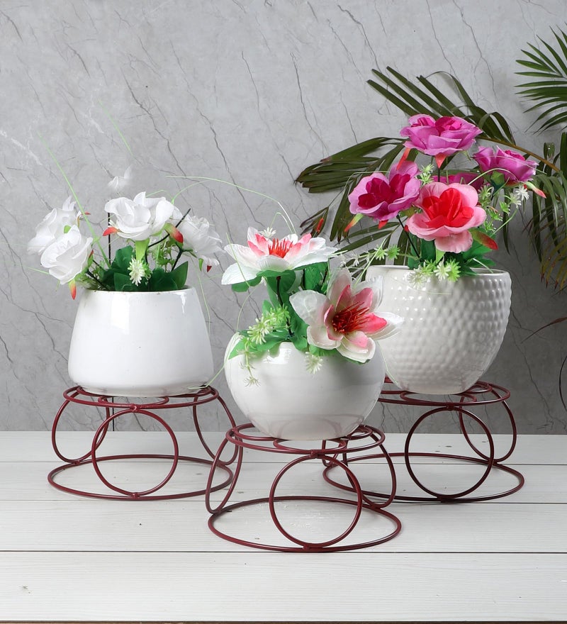 VIN KRAFT Metal Plant Stand for Balcony, Flower Pot Stand, Gamla Stand Home Garden, Balcony, Indoor Outdoor Living Room (Round Set Of 3 Red) - Image 1