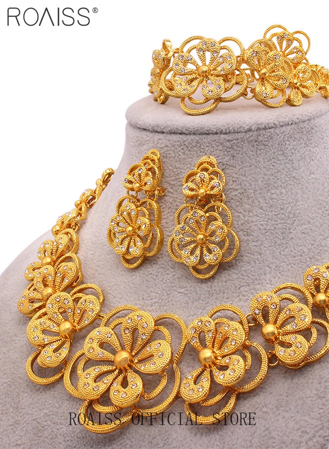 طقم مجوهرات زفاف العروس مكون من 4 قطع مطلي بالذهب، إكسسوارات كاملة للزفاف بما في ذلك القلادة والسوار والأقراط بتصميم الأزهار وخاتم متطابق، لمسة نهائية ذهبية أنيقة، مثالية لحفلات الزفاف والمناسبات الخاصة والمناسبات الرسمية - Image 2
