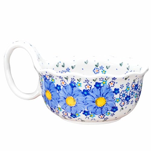 silesia Handmade Ceramic Soup Bowl 30 oz Hand Painted Bowl with Loop Handle Floral Design Cereal Bowl for Soup Ice cream Snack Microwave Dishwasher Safe Forget Me Not - Image 1