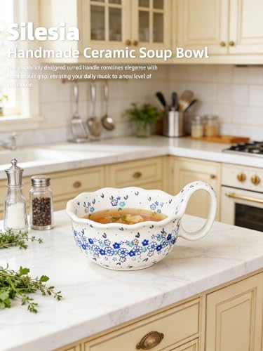 silesia Handmade Ceramic Soup Bowl 30 oz Hand Painted Bowl with Loop Handle Floral Design Cereal Bowl for Soup Ice cream Snack Microwave Dishwasher Safe Forget Me Not - Image 3