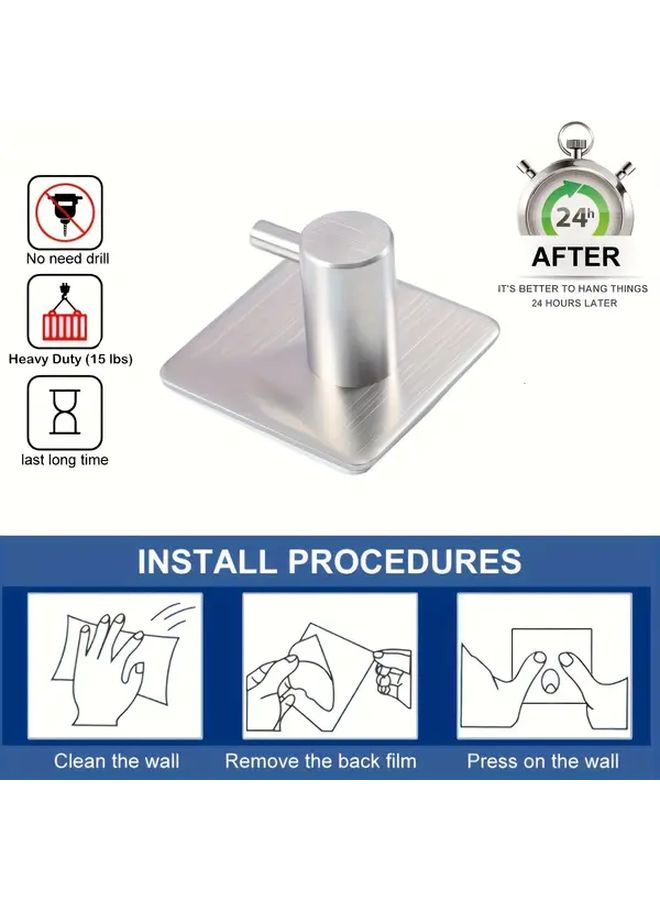 Silvery 4Pcs Stainless Steel Adhesive Wall Hooks Heavy Duty Rustproof Easy Install for Coats Bathroom Kitchen - Image 5