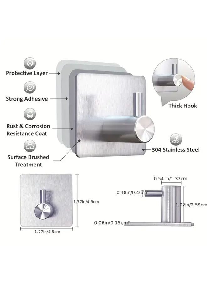 Silvery 4Pcs Stainless Steel Adhesive Wall Hooks Heavy Duty Rustproof Easy Install for Coats Bathroom Kitchen - Image 2
