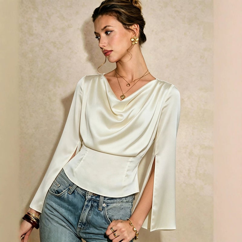 تيشيرت نسائي بياقة ملفوفة وأكمام طويلة - Image 3