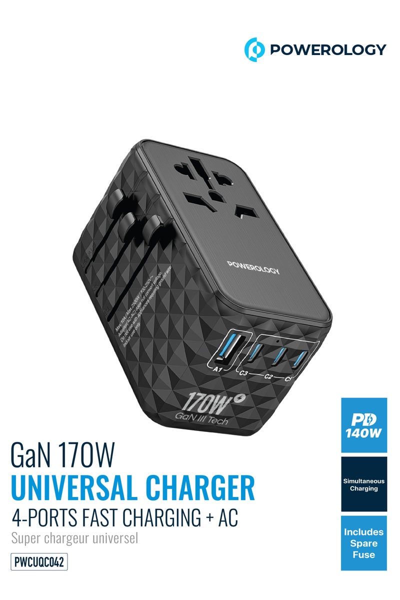 Powerology Universal 170W GaN Charger with 4 Ports, PD 140W, AC Socket, Simultaneous Fast Charging, 2500W Rated Power, Spare Fuse, USB-A & Triple USB-C Ports, Compatible with iPhone 12-17, MacBook, Samsung Galaxy S21-S23, Google Pixel, Laptops & More – Black - Image 1