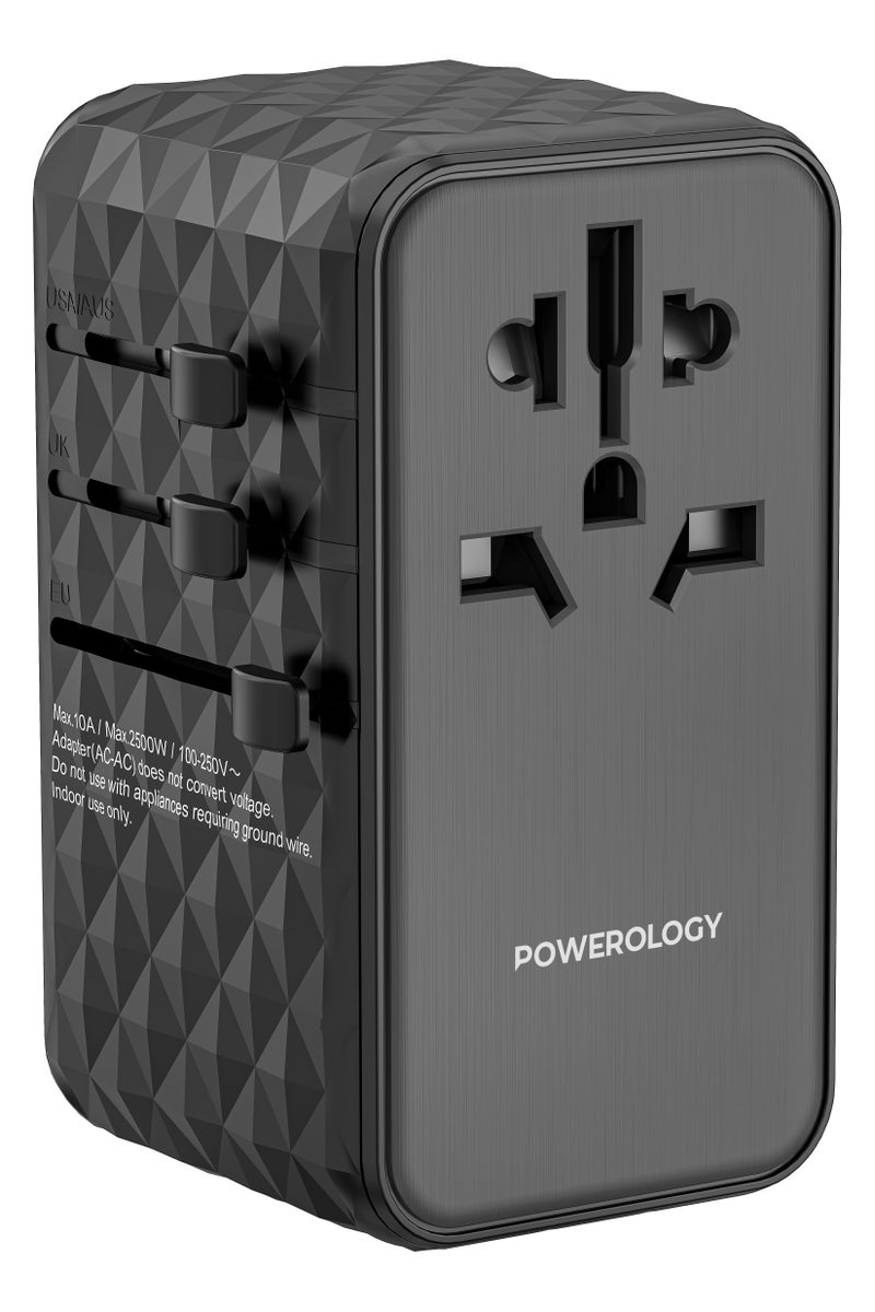 Powerology Universal 170W GaN Charger with 4 Ports, PD 140W, AC Socket, Simultaneous Fast Charging, 2500W Rated Power, Spare Fuse, USB-A & Triple USB-C Ports, Compatible with iPhone 12-17, MacBook, Samsung Galaxy S21-S23, Google Pixel, Laptops & More – Black - Image 2