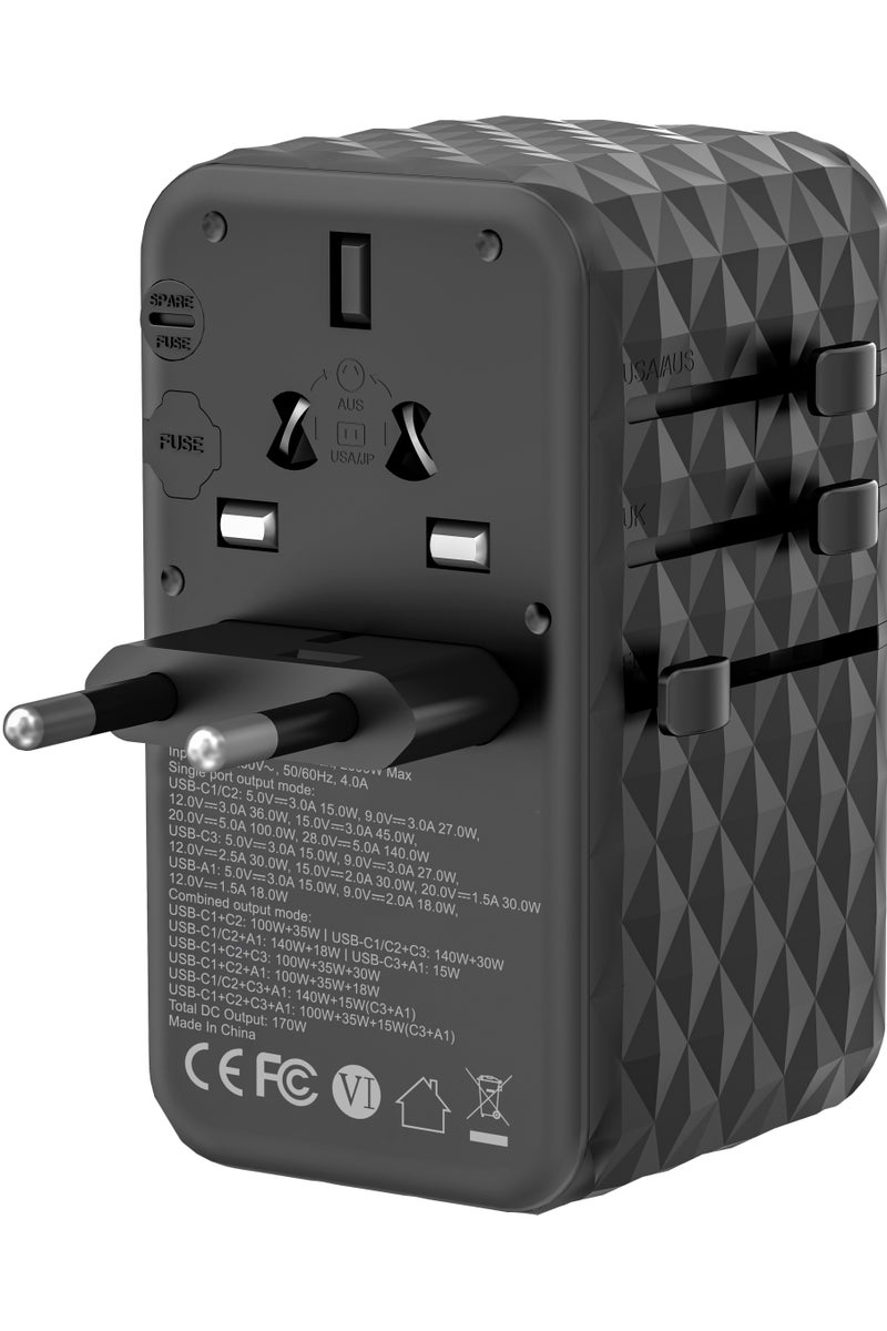 Powerology Universal 170W GaN Charger with 4 Ports, PD 140W, AC Socket, Simultaneous Fast Charging, 2500W Rated Power, Spare Fuse, USB-A & Triple USB-C Ports, Compatible with iPhone 12-17, MacBook, Samsung Galaxy S21-S23, Google Pixel, Laptops & More – Black - Image 3