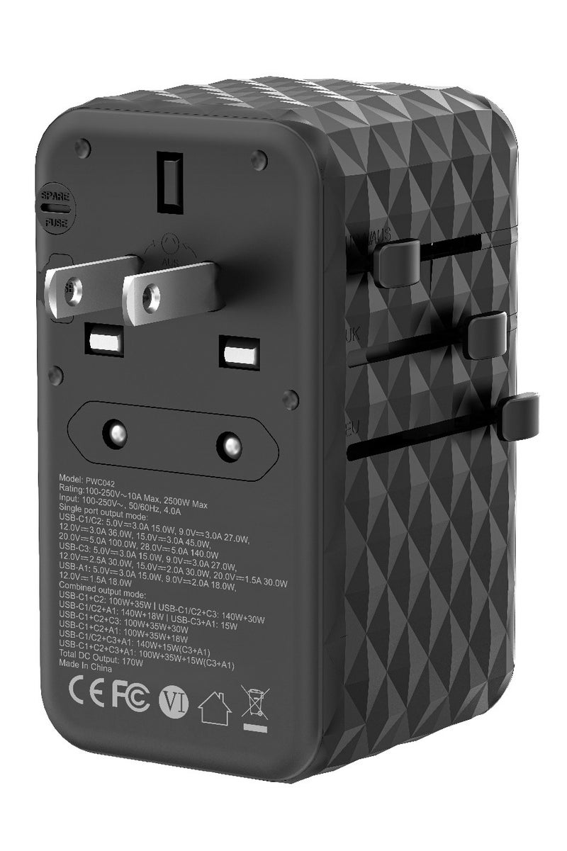 Powerology Universal 170W GaN Charger with 4 Ports, PD 140W, AC Socket, Simultaneous Fast Charging, 2500W Rated Power, Spare Fuse, USB-A & Triple USB-C Ports, Compatible with iPhone 12-17, MacBook, Samsung Galaxy S21-S23, Google Pixel, Laptops & More – Black - Image 4