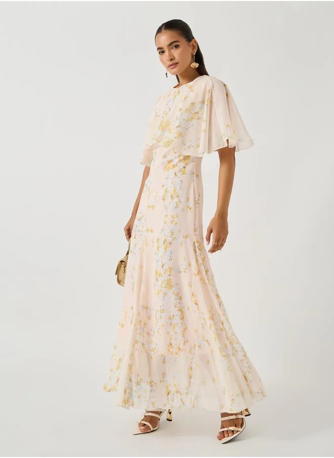 Styli Styli Floral Print Cape Sleeve Maxi Dress