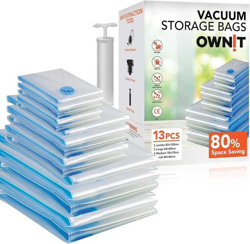 Ownit 13 Pack Vacuum Storage Bags, Space Saver Bags of 4 Small,3 Medium,3 Large, 3 Jumbo, Reusable Vacuum Compression Bags for Packing Clothes, Blankets, Duvet, Pillows, Travel - Image 1