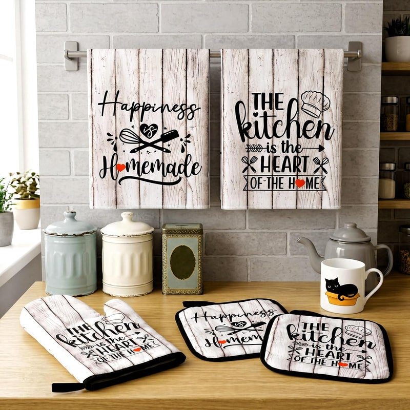 Sratte 6 Pcs Kitchen Decor Accessories Set Farmhouse Towels Pot Holders Oven Mitts Set 2 Dish Towels 2 Potholders 2 Cooking Mittens Oven Glove for Christmas Baking Cooking(White Wood Grain) - Image 2
