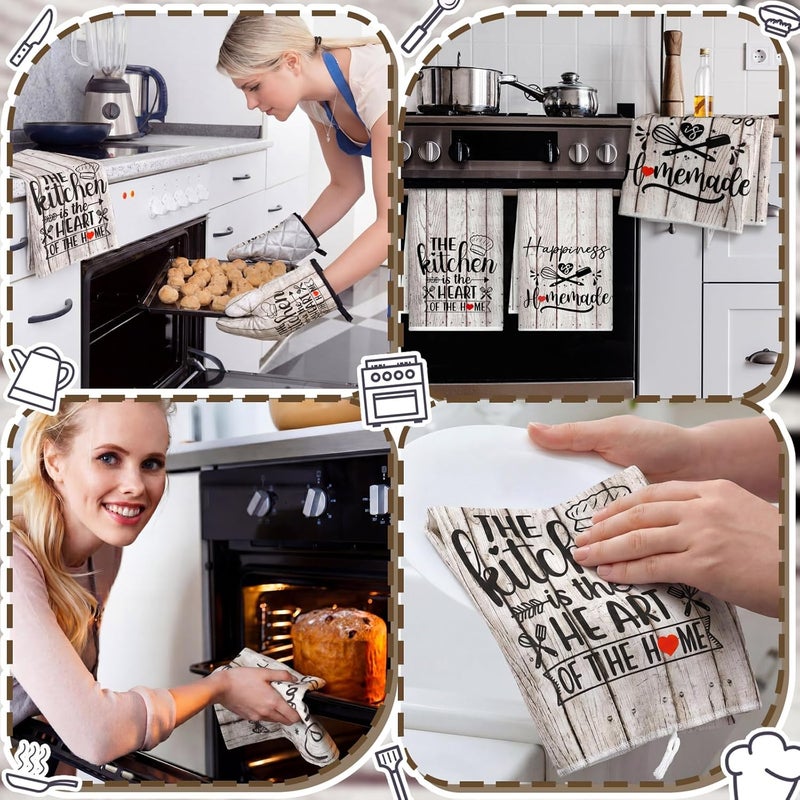 Sratte 6 Pcs Kitchen Decor Accessories Set Farmhouse Towels Pot Holders Oven Mitts Set 2 Dish Towels 2 Potholders 2 Cooking Mittens Oven Glove for Christmas Baking Cooking(White Wood Grain) - Image 5