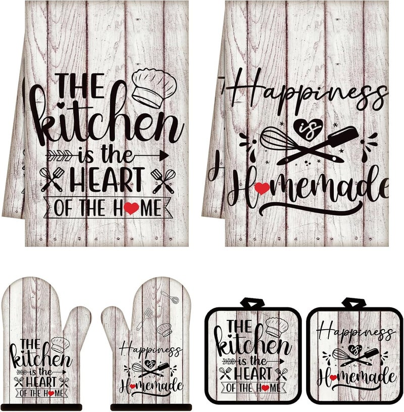Sratte 6 Pcs Kitchen Decor Accessories Set Farmhouse Towels Pot Holders Oven Mitts Set 2 Dish Towels 2 Potholders 2 Cooking Mittens Oven Glove for Christmas Baking Cooking(White Wood Grain) - Image 1