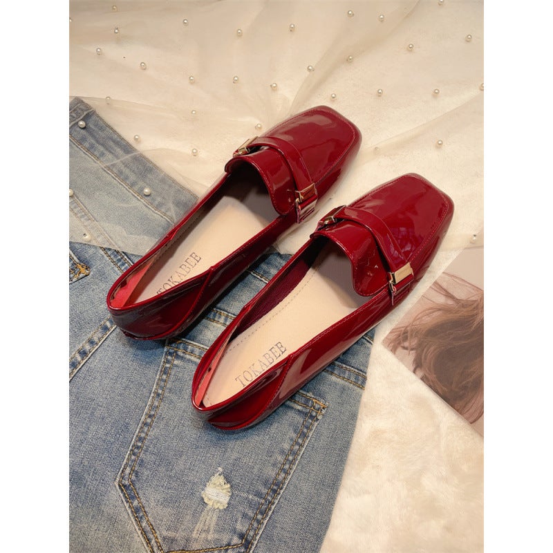 French Shoes Women'S Shoes Red Wedding Shoes New All-Match Soft Bottom Flat Slip-On Lefu Shoes - Image 4